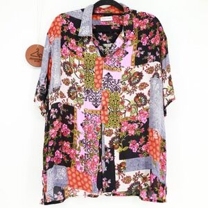 Raga Man Blocked Floral Camp Collar Button Down Shirt Short Sleeves Rayon XXL